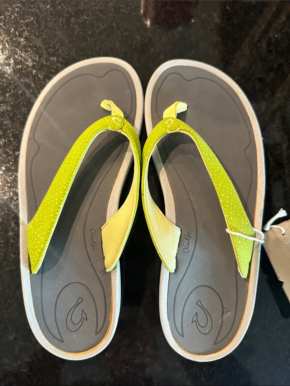 OluKai Women's Gray Footbed Lime Green Strap Flip Flop Sandals